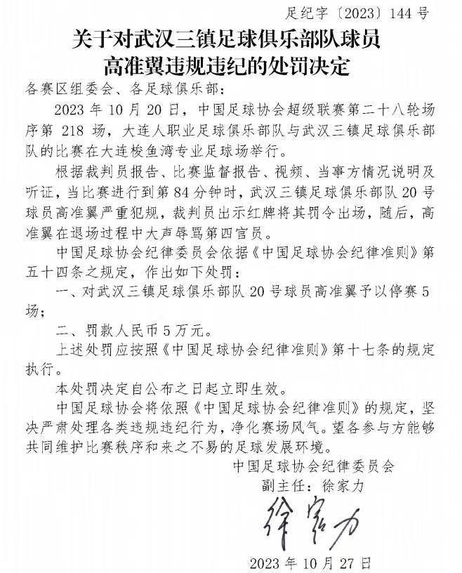 中超 | 高准翼辱骂比赛第四官员被追加停赛5场、罚款5万元