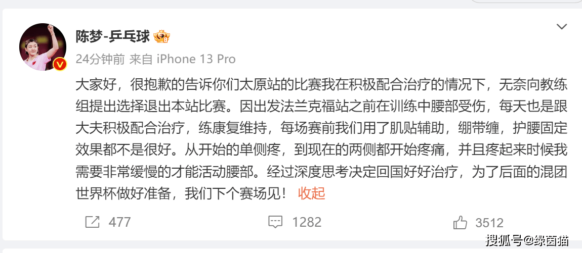 陈梦退赛！腰伤导致活动受限，混团世界杯复出，王曼昱未表态