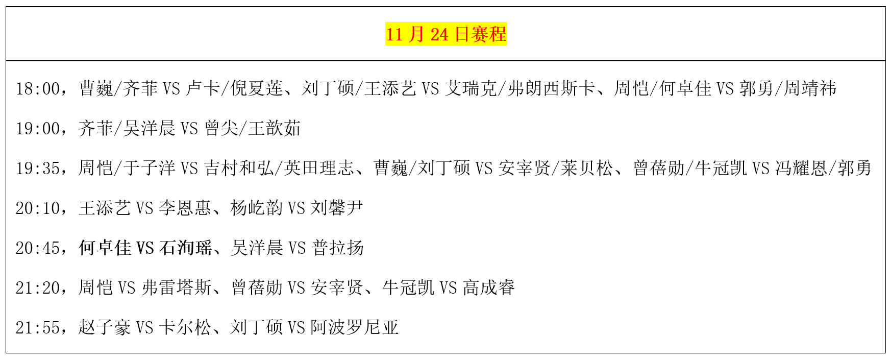 乒乓球葡萄牙赛：11月24日赛程公布！国乒15场外战，对决世界冠军