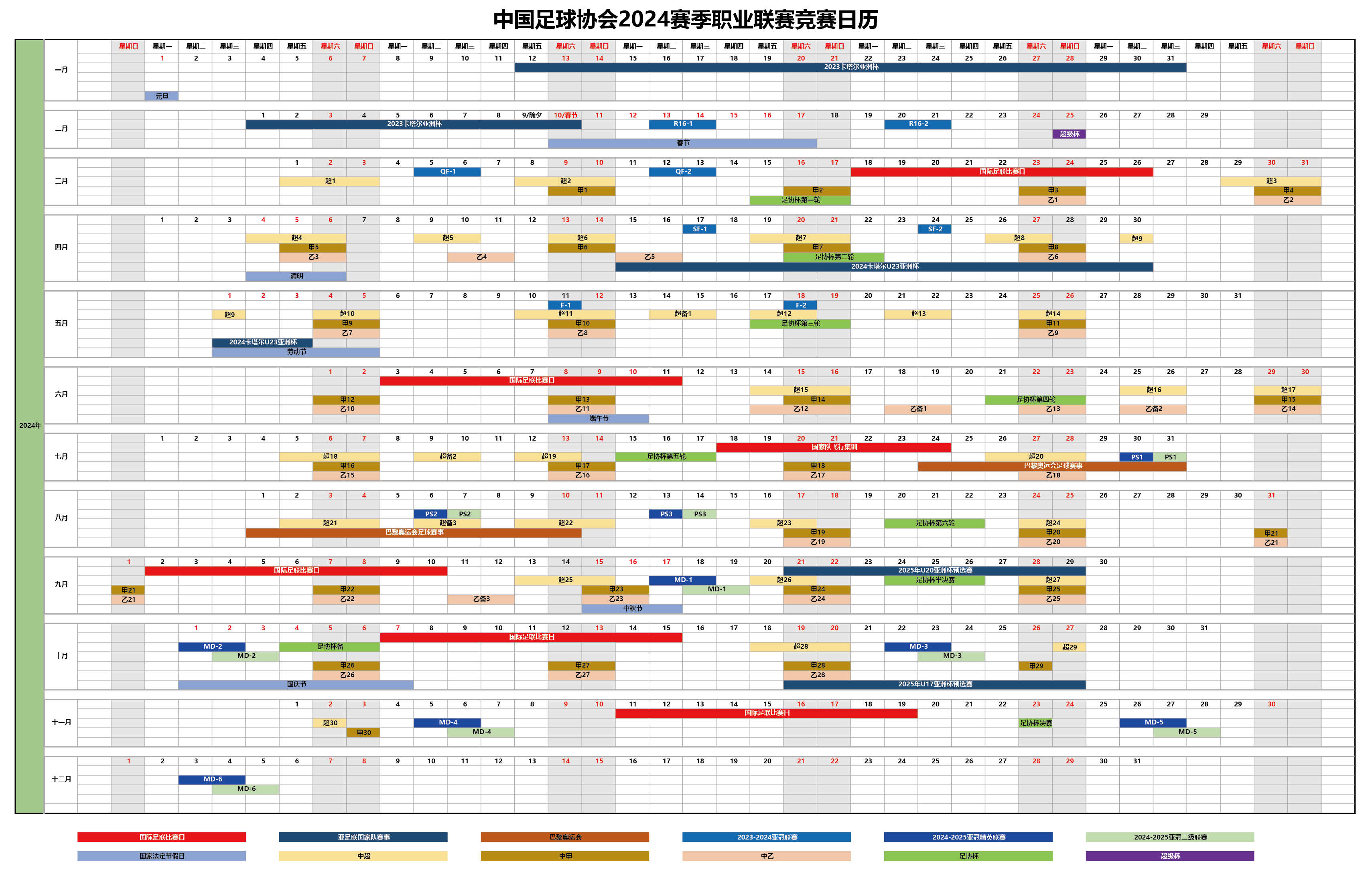 中国足球2024赛季赛历公布 中超联赛3月1日鸣锣开战