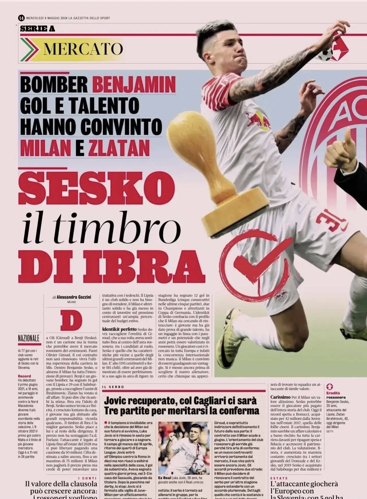 意甲媒体透露：伊布已批准了赛斯科的交易，斯洛文尼亚前锋加盟米兰进入快车道
